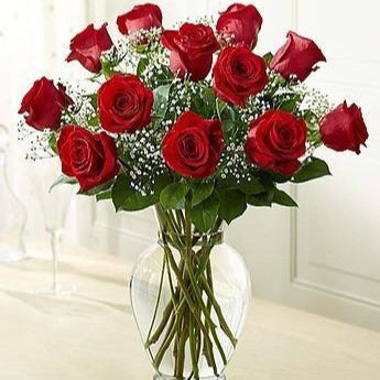 Une douzaine de roses de la Saint-Valentin dans un vase avec du gypsophile