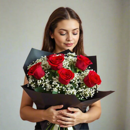 Hand Tied Premium Rose Boquet (7 roses with baby's breath and greens)