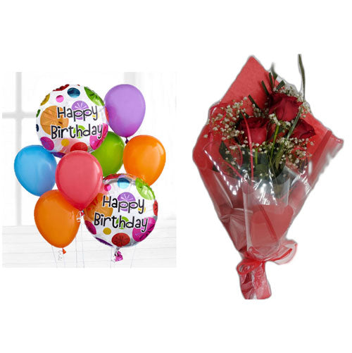Bouquet de ballons et bouquet de trois roses