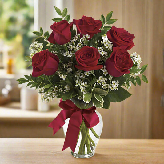 Valentine 6 Long Stem Premium Roses in Vase ( Red, Yellow, Pink, Hot Pink, Purple, Blue) (Copy)