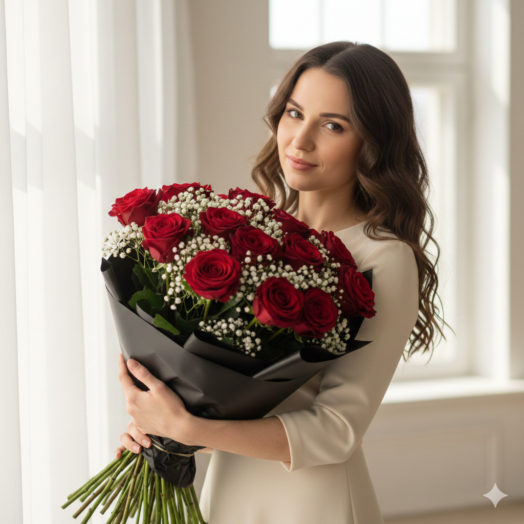 Valentine Hand-Tied One Dozen Premium Roses