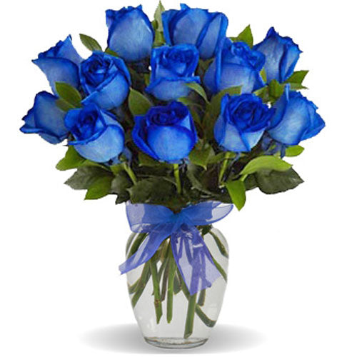 Order Blue Roses Blue Rose Arrangement (1 dozen blue roses in vase) – GTA Flower Delivery