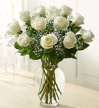 One Dozen Roses In Vase With Baby's Breath